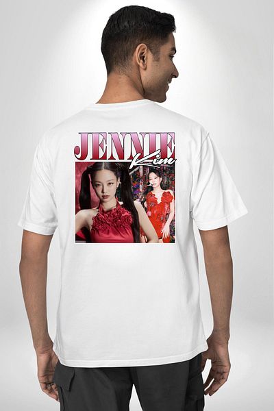 Angemiel Jennie Kim K-Pop Music Star White Oversize Women Men Front and Back Printed T-Shirt