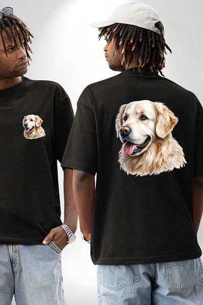 Angemiel Cute Golden Retriever Dog Friendly Black Oversize Women's Men's Front and Back Printed T-Shirt