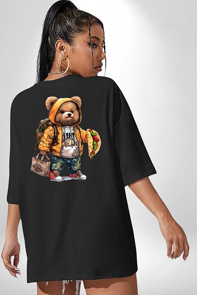Angemiel Modern Style Backpack Teddy Bear Taco Teddy Black Oversize Women Men Front and Back Printed T-Shirt