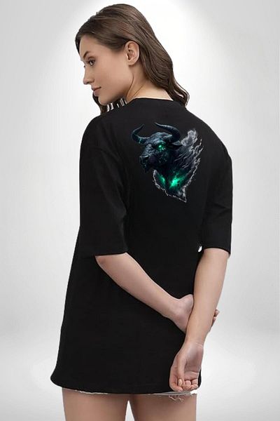Angemiel Taurus Special Design Black Oversize Women's and Men's Front and Back Printed T-Shirt