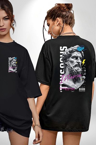 Angemiel Legendary Zeus Power and Emotions Black Oversize Women's Men's Front and Back Printed T-Shirt
