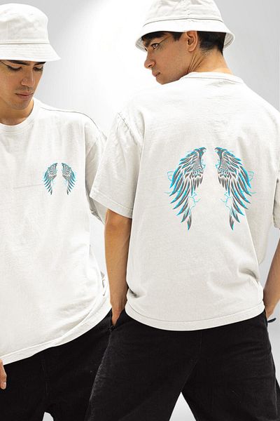 Angemiel تي شيرت Lightning Wings Symbol of Power أبيض كبير الحجم للنساء والرجال مطبوع من الأمام والظهر