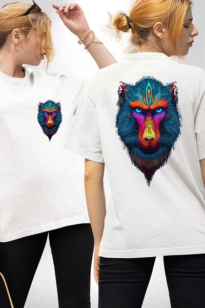 Angemiel تي شيرت ملون Mandrill Monkey أبيض كبير الحجم للنساء والرجال مطبوع من الأمام والظهر