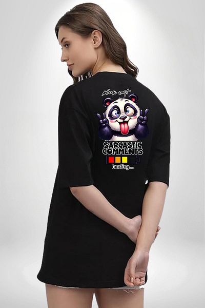 Angemiel Fun Panda Humorous Loading Loading Status Black Oversize Women Men Front and Back Printed Tee