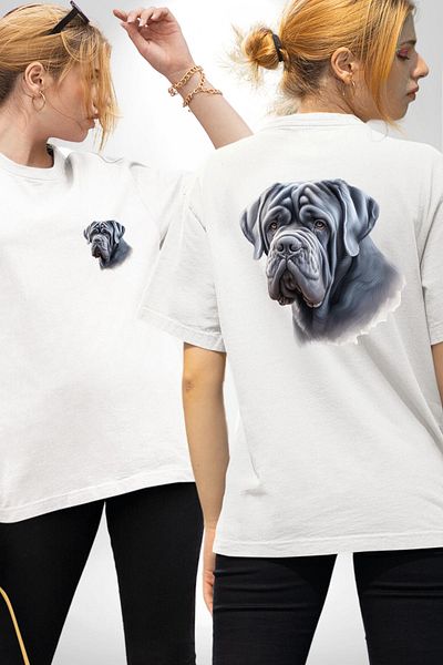 Angemiel Neapolitan Mastiff Love Big Dog White Oversize Women's Men's Front and Back Printed T-Shirt
