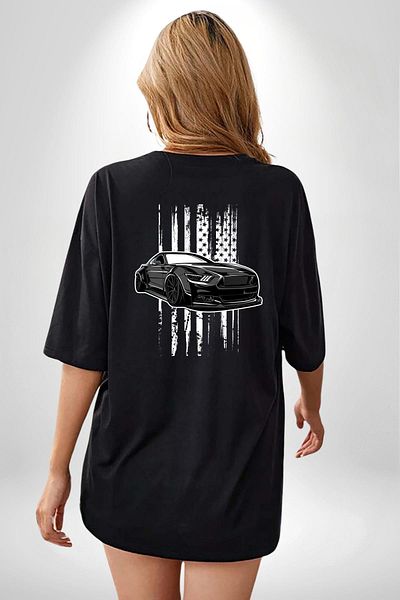 Angemiel Black Car Black Oversize Women's Men's Front and Back Printed T-Shirt for Motorsport Enthusiasts
