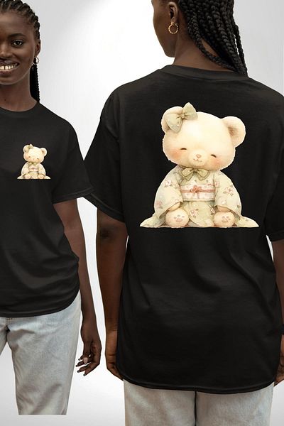 Angemiel Cream Colored Floral Patterned Kimono Sweet Teddy Bear Black Oversize Women's Men's Front and Back Printed T-Shirt