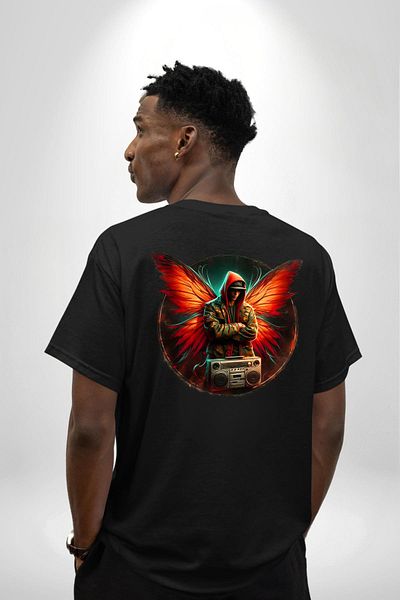 Angemiel Music and Wings New Generation Design Black Oversize Women's Men's Front and Back Printed T-Shirt