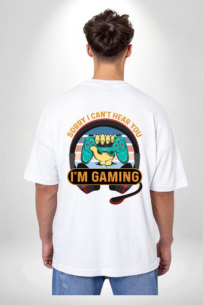 Angemiel تي شيرت Gamer Custom Design I'm Gaming I Can't Hear You أبيض كبير الحجم للنساء والرجال مطبوع من الأمام والخلف