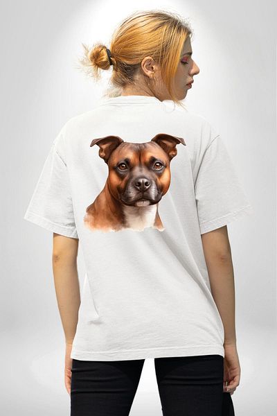 Angemiel Staffordshire Bull Terrier Dog White Oversize Women's Men's Front and Back Printed T-Shirt