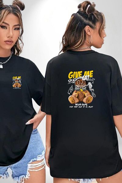 Angemiel Astronaut Bear Graphic Design Black Oversize Women's Men's Front and Back Printed T-Shirt