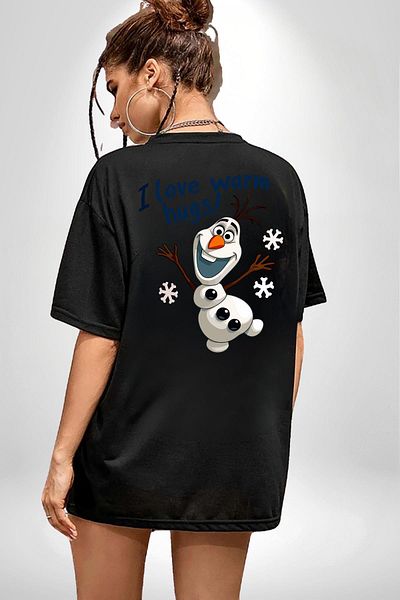 Angemiel Time for Snowflakes and Warm Hugs Black Oversize Women Men Front and Back Printed T-Shirt