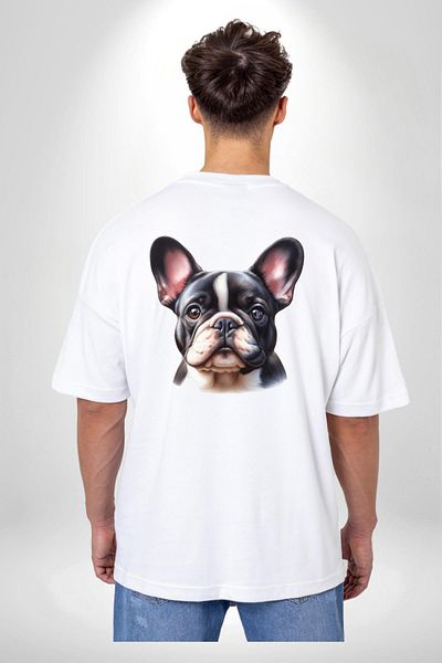 Angemiel Pet Friendly French Bulldog Dog Friendly White Oversize Women Men Front and Back Printed T-Shirt