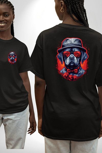Angemiel Romantic  Dog Hat with Roses Black Oversize Women's Men's Front and Back Printed T-Shirt