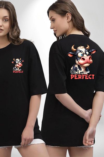Angemiel Fun Cow Pattern Black Oversize Women's Men's Front and Back Printed T-Shirt
