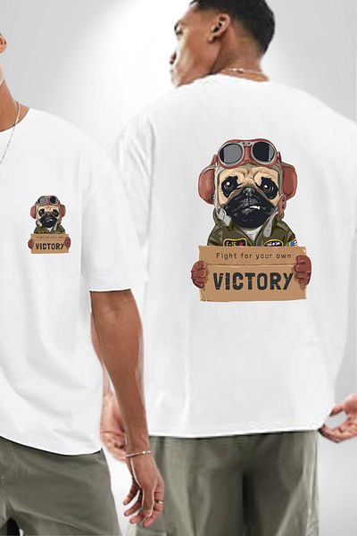 Angemiel Pilot Dog Pursuing Victory White Oversize Women's Men's Front and Back Printed T-Shirt