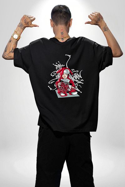 Angemiel Love and Innocence of Art Graffiti Rabbit Black Oversize Women Men Front and Back Printed T-Shirt