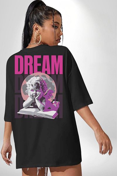 Angemiel Angels' Dream Angel and Dream Black Oversize Women's Men's Front and Back Printed T-Shirt