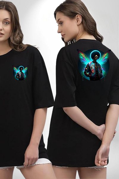Angemiel Modern Men's Black Oversize Women's Men's Front and Back Printed T-Shirt with Glasses and Wings