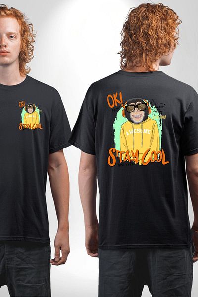 Angemiel Stay Cool Fun Monkey Graphic Black Oversize Women Men Front and Back Printed T-Shirt
