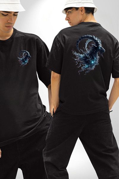Angemiel Capricorn Special Design Black Oversize Women's and Men's Front and Back Printed T-Shirt