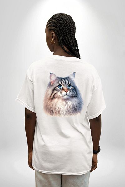 Angemiel Norway Forest Cat Lover White Oversize Women's Men's Front and Back Printed T-Shirt