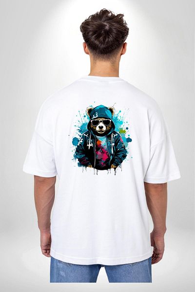 Angemiel تي شيرت Style Owner Bear Graffiti Cool Bear أبيض كبير الحجم للنساء والرجال مطبوع من الأمام والظهر
