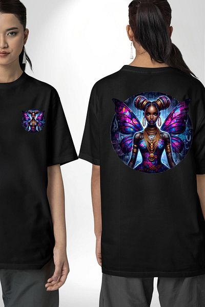 Angemiel Hip Hop Tattoo Butterfly Girl Custom Design Black Oversize Women Men Front and Back Printed T-Shirt