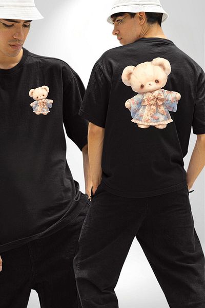 Angemiel Black Oversize Women's and Men's Front and Back Printed T-Shirt with Cute Teddy Bear Figure