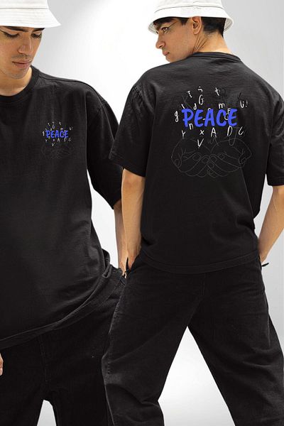 Angemiel Peace Themed Letters and Hand Illustration Black Oversize Women's Men's Front and Back Printed T-Shirt