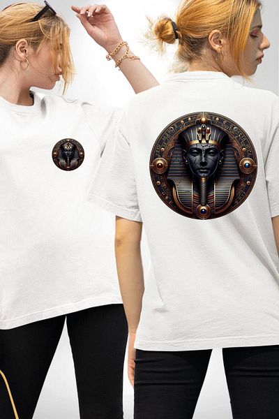 Angemiel تي شيرت مطبوع عليه مصر Atum God of Creation White مقاس كبير للنساء والرجال من الأمام والظهر