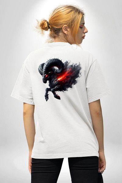 Angemiel Aries Special Design White Oversize Women's and Men's Front and Back Printed T-Shirt