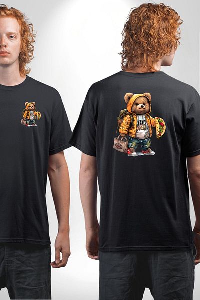 Angemiel Modern Style Backpack Teddy Bear Taco Teddy Black Oversize Women Men Front and Back Printed T-Shirt