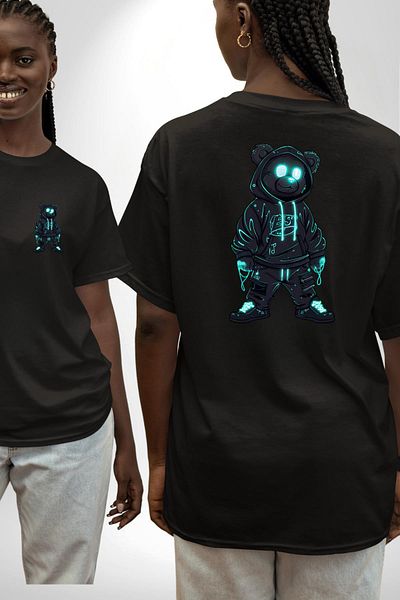 Angemiel Blue Neon Light Detailed Street Fashion Teddy Bear Black Oversize Women's Men's Front and Back Printed T-Shirt