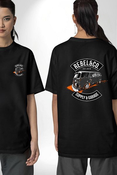 Angemiel Orange Detailed Black Minibus Design Black Oversize Women's Men's Front and Back Printed T-Shirt
