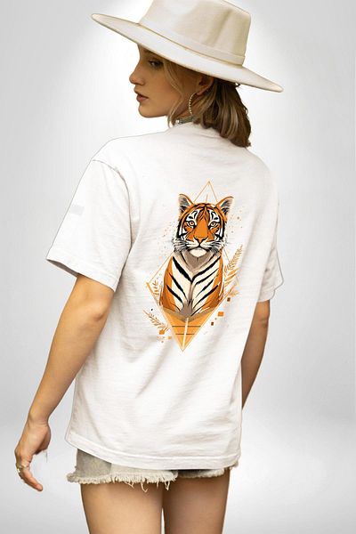 Angemiel تي شيرت Tiger Artistic أبيض كبير الحجم للنساء والرجال مطبوع من الأمام والخلف
