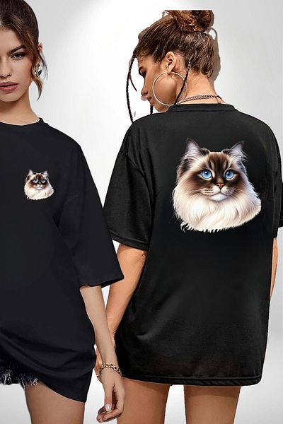 Angemiel Siberian Cat Black Oversize Women's Men's Front and Back Printed T-Shirt