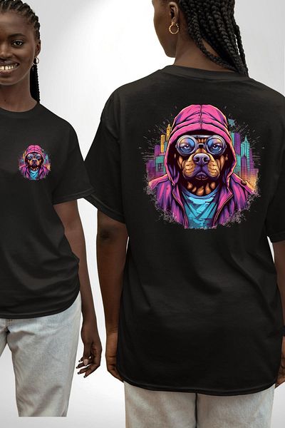 Angemiel Graffiti Street Art Dog Pattern Black Oversize Women Men Front and Back Printed T-Shirt