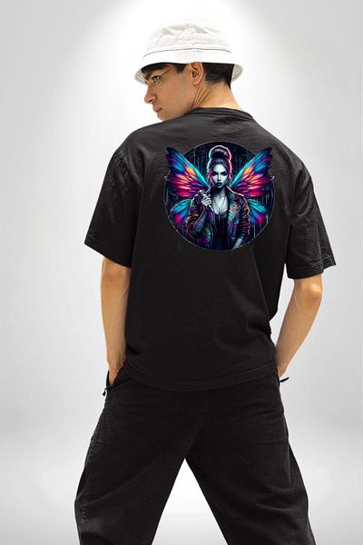Angemiel Energetic Street Style Winged Design Black Oversize Women's Men's Front and Back Printed T-Shirt