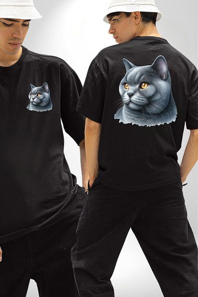 Angemiel British Shorthair Cat Black Oversize Women's Men's Front and Back Printed T-Shirt