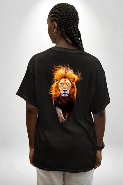 Angemiel Fringed Lion Portrait Black Oversize Women's Men's Front and Back Printed T-Shirt