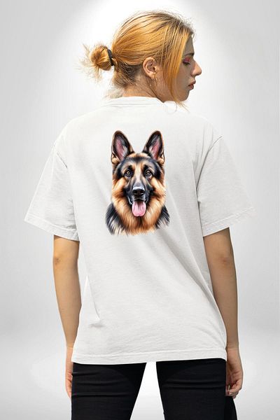 Angemiel Legendary German Shepherd Dog Love Dog Friendly White Oversize Women Men Front and Back Printed T-Shirt