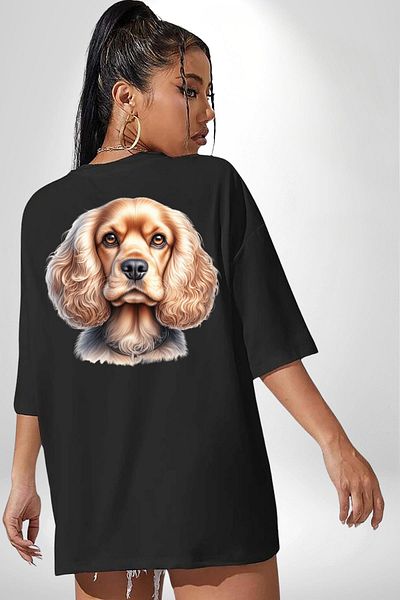 Angemiel Cute Cocker Spaniel Dog Black Oversize Women's Men's Front and Back Printed T-Shirt
