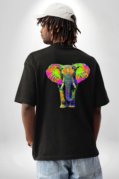 Angemiel Colorful Elephant Vibrant Color Modern Elephant Black Oversize Women's Men's Front and Back Printed T-Shirt