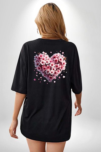 Angemiel Cherry Blossom Japanese Culture the Coming of Spring Black Oversize Women Men Front and Back Printed T-Shirt