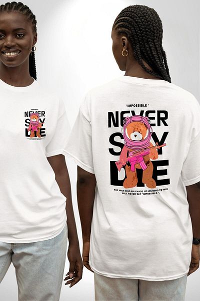 Angemiel Never Say Impossible Bear and Astronaut White Oversize Women Men Front and Back Printed T-Shirt