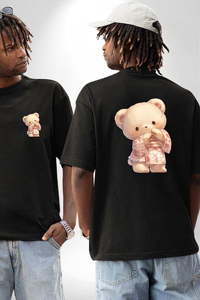 Angemiel Pink Floral Teddy Bear Patterned Black Oversize Women's Men's Front and Back Printed T-Shirt
