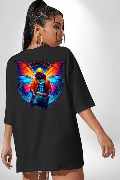 Angemiel Butterfly Winged Modern Young Design Black Oversize Women's Men's Front and Back Printed T-Shirt