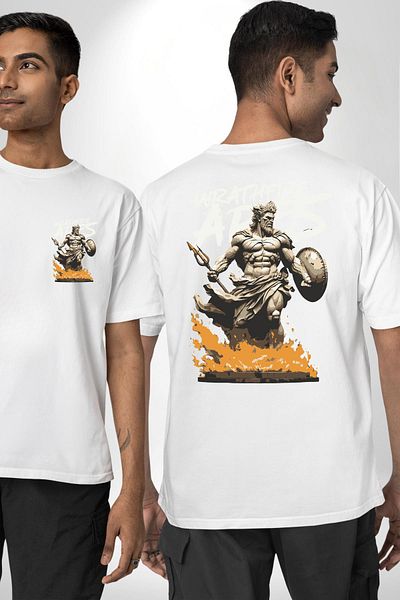 Angemiel تي شيرت Ares' Power God of War أبيض كبير الحجم للنساء والرجال مطبوع من الأمام والظهر