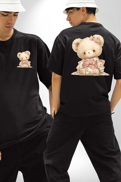 Angemiel Pink Teddy Bear Design Black Oversize Women's Men's Front and Back Printed T-Shirt with Kimono